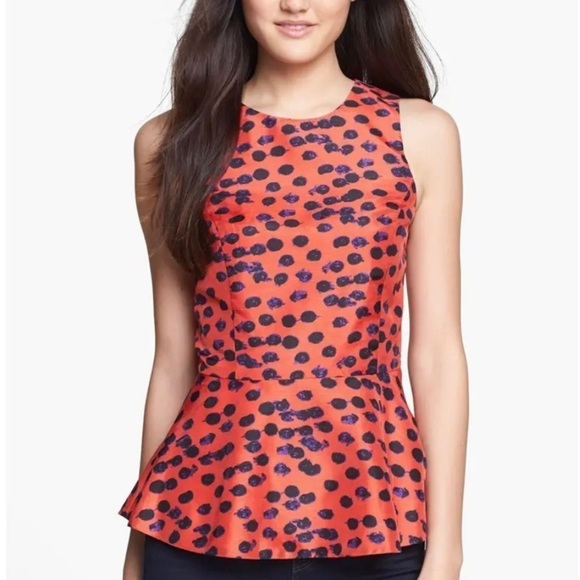 KENZIE Orange Print Pop Dot Peplum Top Size Medium - Picture 1 of 9